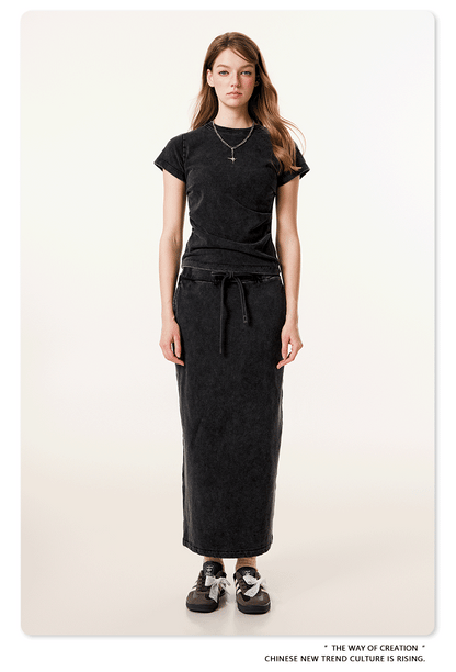 Waist pleated crew neck T-shirt
