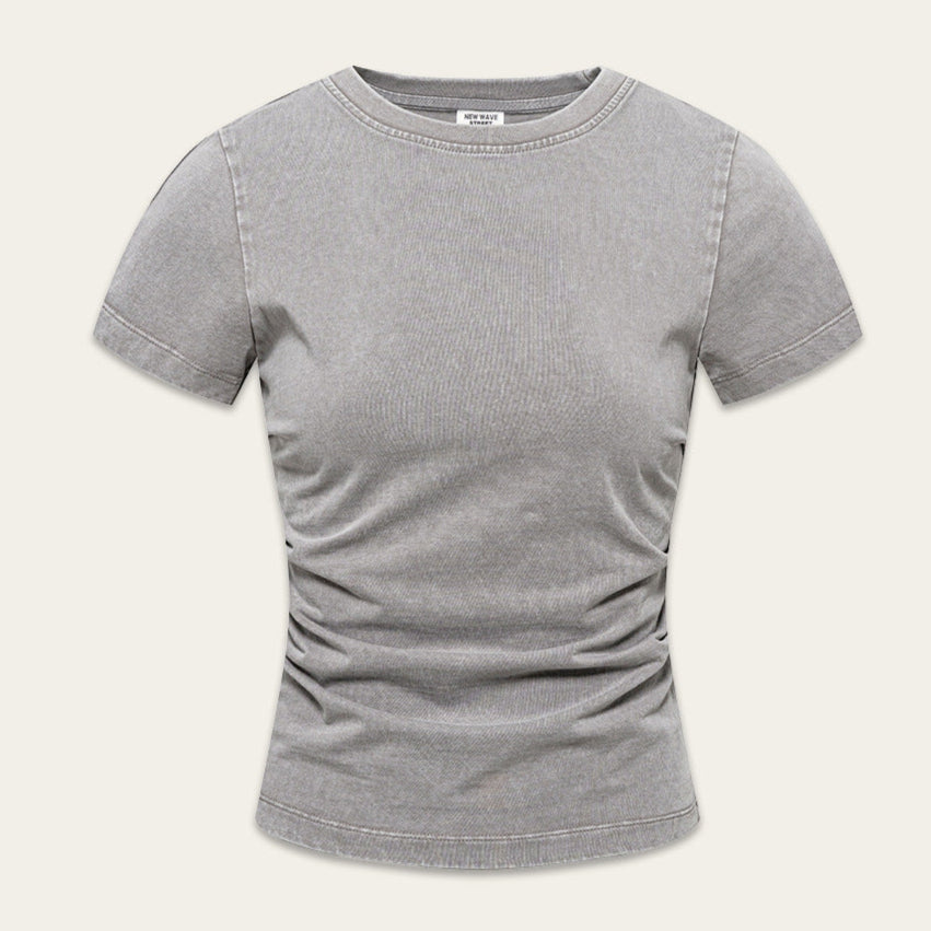 Waist pleated crew neck T-shirt