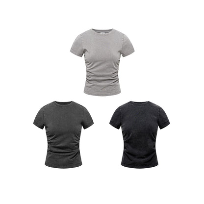 Waist pleated crew neck T-shirt